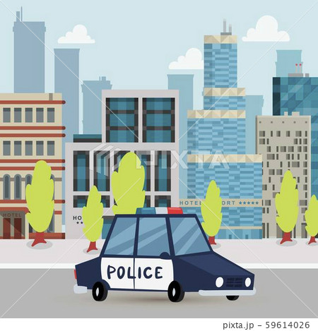 Police car and police patrol on a road in city with urban background cartoon vector illlustration 59614026