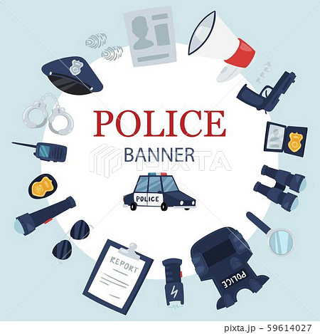 Police professional tools and security equipment round circle vector banner. Handcuffs, bulletproof 59614027