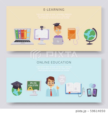 Online education, e-learning science vector illustration horizontal banners set. Online computer and 59614050