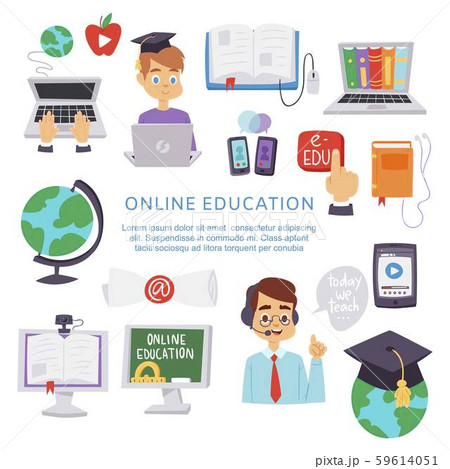 Online education, e-learning science vector illustration poster. Book computer and studying icons 59614051