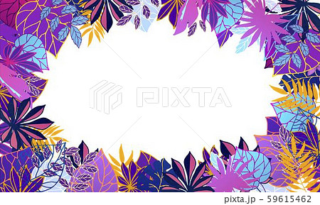 Fluorescent ultraviolet exotic tropical leaves vector circle illustration. Summer palm neon flashing 59615462