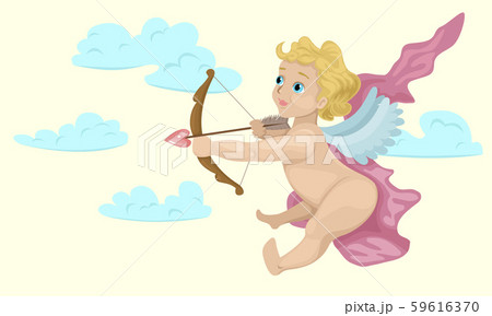 Cupid flies in the sky, aiming arrow with heart. Valentine's Day greeting card vector illustration Cupid flies in the sky, aiming arrow with heart. Valentine's Day greeting card vector illustration 59616370