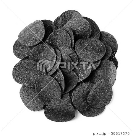 Top view of black potato chips isolated 59617576