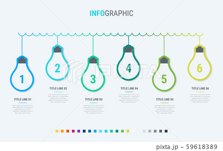 Light bulbs infographic template. 6 options light bulbs design with beautiful colors. Vector 59618389