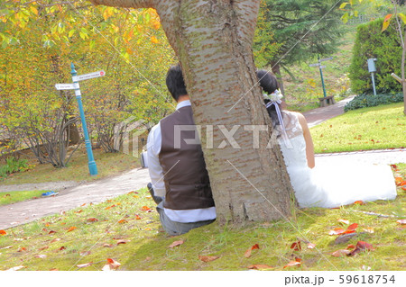 木にもたれかかる新郎新婦の後ろ姿 木にもたれかかる新郎新婦の後ろ姿 59618754