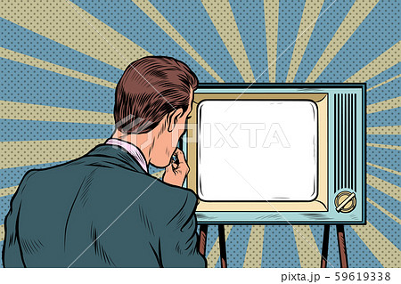 male viewer watching TV. Television propaganda, film and news 59619338