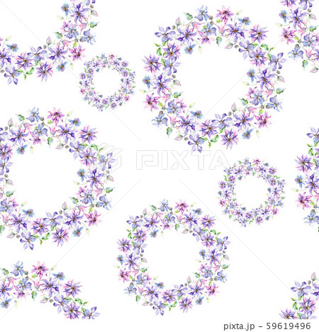 Blue violet clematis bouquet floral botanical flowers. Watercolor illustration set. Seamless 59619496