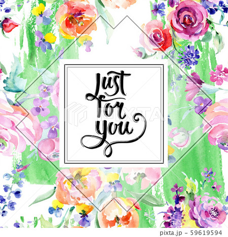 Pink rose bouquet floral botanical flowers. Watercolor background illustration set. Frame border 59619594