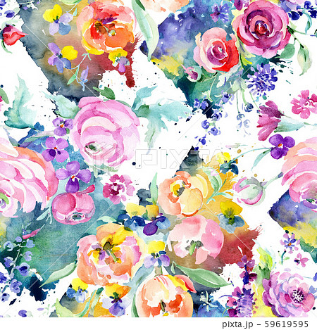 Pink rose bouquet floral botanical flowers. Watercolor background illustration set. Seamless 59619595