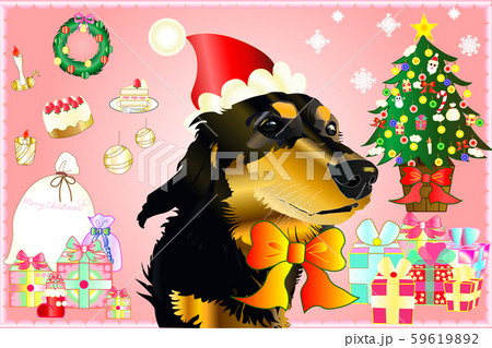 ダックスフンドのガブちゃんとクリスマスをお祝いのイラスト素材