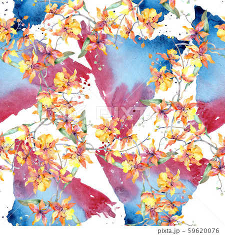 Branch of yellow orchid. Floral botanical flowers. Watercolor background illustration set. Seamless 59620076