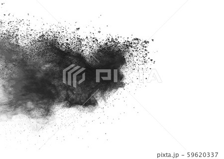 particles of charcoal on white background,abstract powder splatted on white background,Freeze motion of black powder exploding or throwing black powder. 59620337