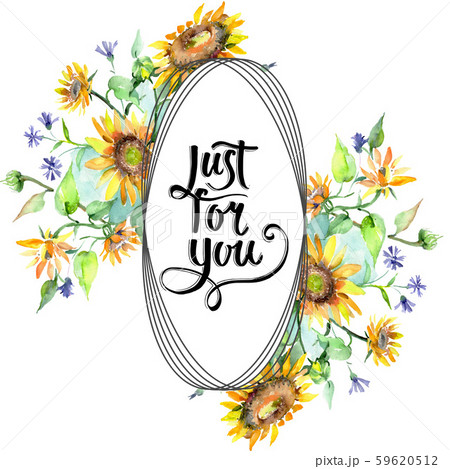 Sunflower bouquet floral botanical flowers. Watercolor background illustration set. Frame border 59620512