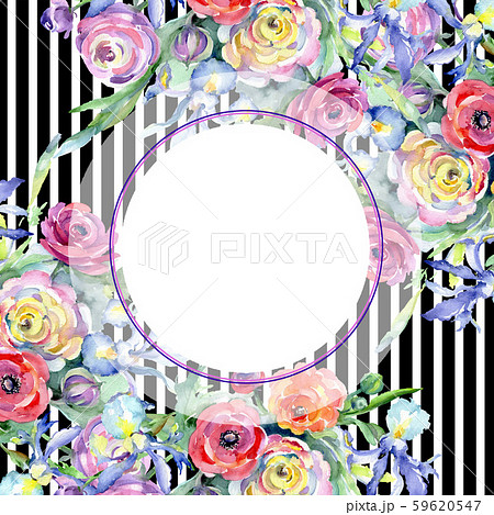 Pink and red bouquet floral botanical flowers. Watercolor background illustration set. Frame border 59620547