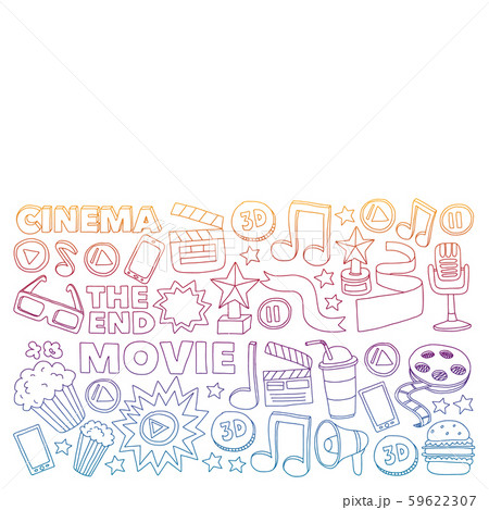 Cinema vector icons. Background with popcorn, movie illustration, musical notes. 59622307