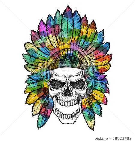 Human skull in native american indian chief headdress. Tribal, ethnic, colorful image, boho style Human skull in native american indian chief headdress. Tribal, ethnic, colorful image, boho style 59623488