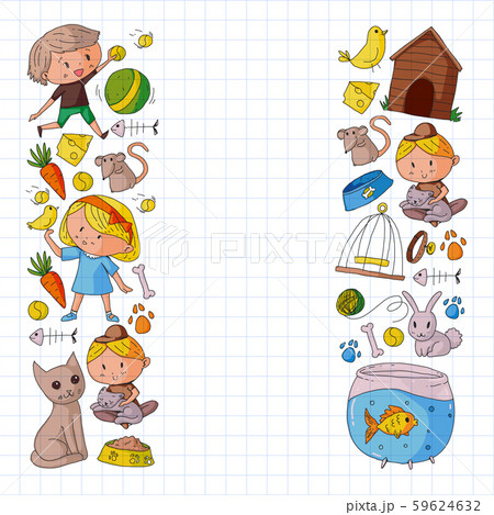 Pet shop. Vector illustration with animals, dog, cat, fish, Colorful background with kitten, bird 59624632