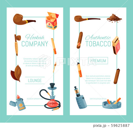 Cigar, tobacco and hookah banner vector illustration. Tobacco leaves, cigars and cigarettes, pipes Cigar, tobacco and hookah banner vector illustration. Tobacco leaves, cigars and cigarettes, pipes 59625887