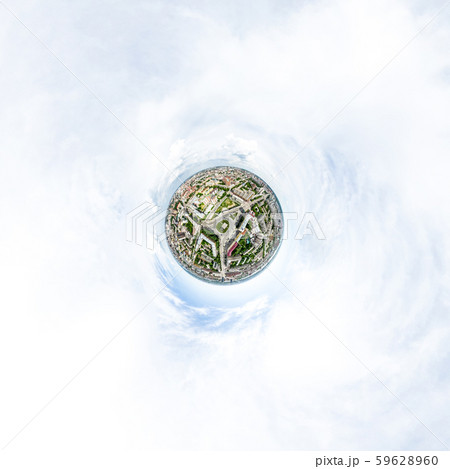 Aerial city view with crossroads and roads, houses, buildings, parks and parking lots. Sunny summer 59628960