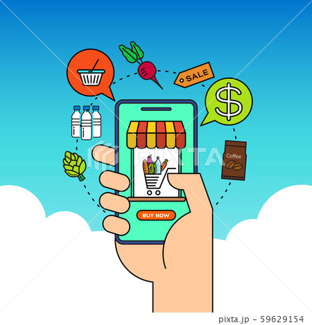 Order grocery online from app by smart phone. Fast delivery concept illustration 59629154