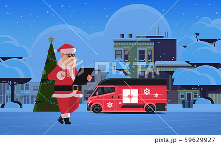 santa claus writing on clipboard near delivery van merry christmas happy new year winter holidays 59629927