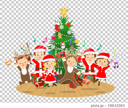 クリスマスツリーの前でジャンプする子供たち クリスマスツリーの前でジャンプする子供たち 59632003