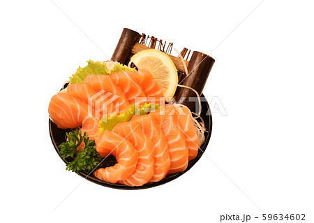 fresh slice salmon sashimi Japanese food serving on ice in bowl with white background 59634602
