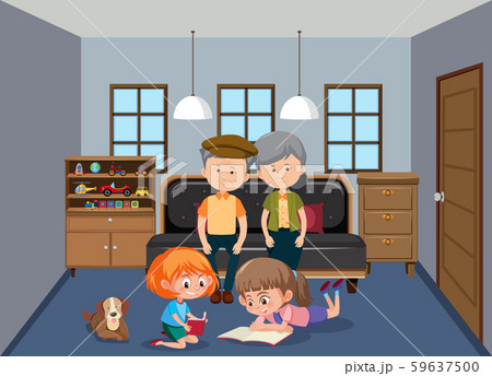 Grandparent and grandchildren in living room 59637500