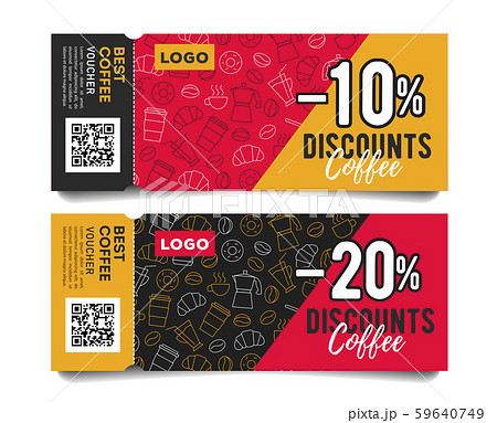 Promotion event admission tickets with torn off part, coffee beans cups and breakfast food pattern 59640749