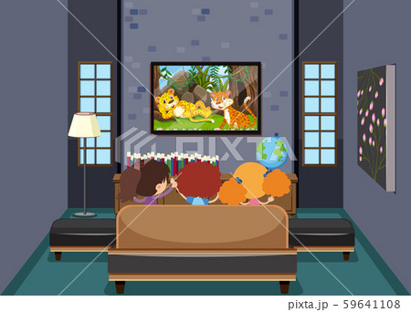 Children Watching Tv In Living Roomのイラスト素材