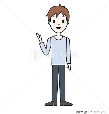 男性 笑顔 全身 私服 カジュアル 右手のイラスト素材