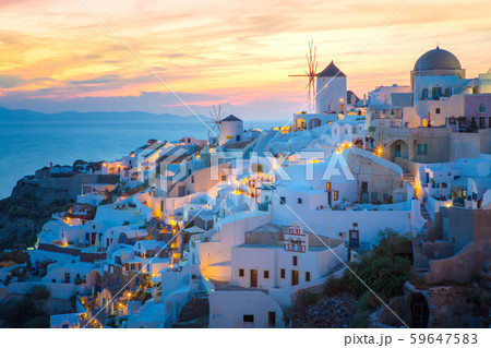 View of Oia the most beautiful village of Santorini island in Greece. View of Oia the most beautiful village of Santorini island in Greece. 59647583