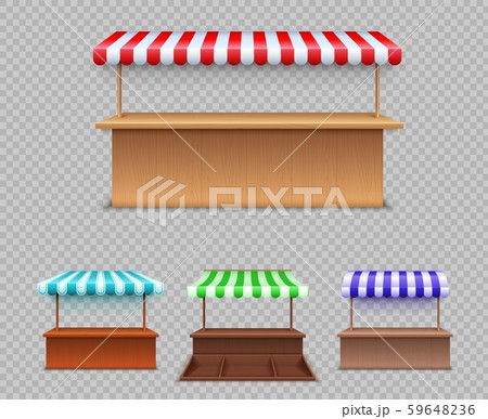 Market stall set. Realistic wooden counter with canopy for street trading. Cafe tent, shop roof Market stall set. Realistic wooden counter with canopy for street trading. Cafe tent, shop roof 59648236