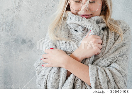 winter coziness peaceful woman knitted blanket winter coziness peaceful woman knitted blanket 59649408
