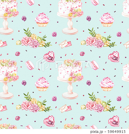 Watercolor image of a seamless pattern of sweets, candies in the shape of hearts, chocolates, cakes 59649915