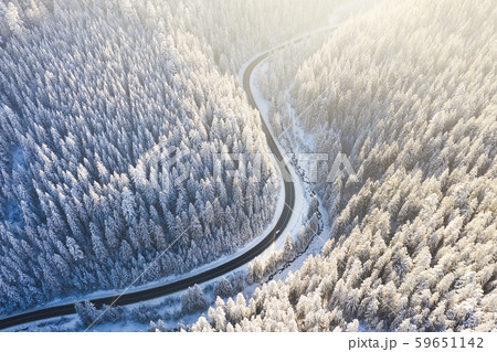 Aerial view on the road and forest at the winter time. Natural winter landscape from air. 59651142