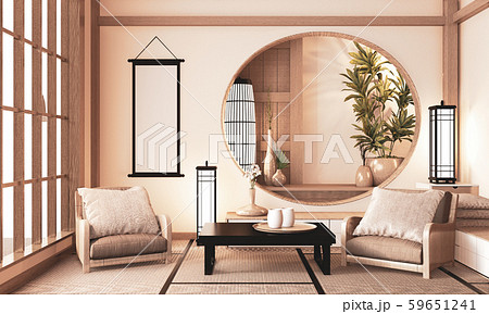 Ryokan very zen room with wall wooden shelf design 59651241