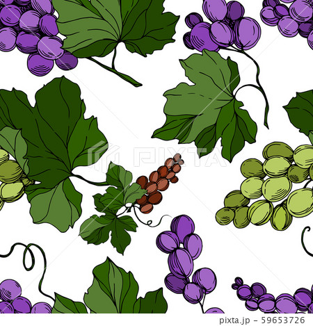 Grape berry healthy food. Black and white engraved ink art. Seamless background pattern. 59653726