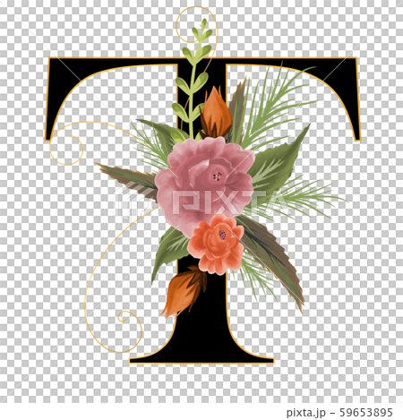 Alphabet with flowers, letter T with watercolor flowers and leaves hand drawn on paper. Illustration alphabet Decoration for invites card and other concept ideas.	 59653895