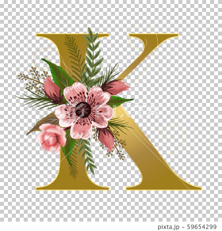 Gold Alphabet flowers - Letter K with watercolor flowers and leaves hand drawn on paper. Flowers bouquet composition. Decoration for invites card and other concept ideas. 59654299