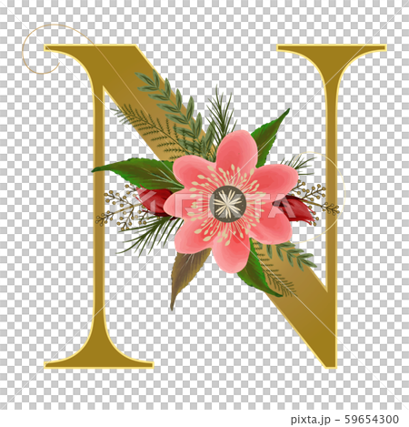 Gold Alphabet flowers - Letter N with watercolor flowers and leaves hand drawn on paper. Flowers bouquet composition. Decoration for invites card and other concept ideas. 59654300