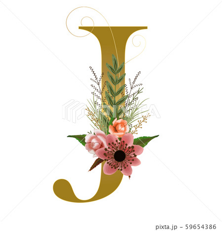 Gold Alphabet floral - Letter J with watercolor flowers and leaves hand drawn on paper. Flowers bouquet composition. Decoration for invites card and other concept ideas. 59654386