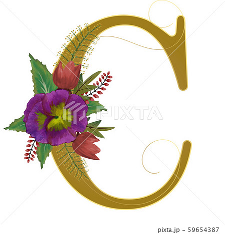 Gold Alphabet flowers - Letter G with watercolor flowers and leaves hand drawn on paper. Flowers bouquet composition. Decoration for invites card and other concept ideas. 59654387