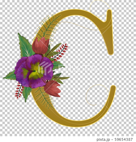 Gold Alphabet flowers - Letter G with watercolor flowers and leaves hand drawn on paper. Flowers bouquet composition. Decoration for invites card and other concept ideas. 59654387