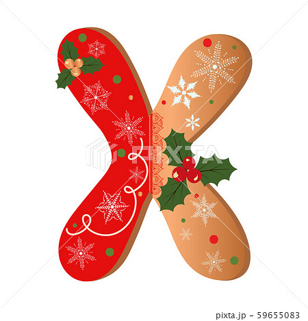 Cookie alphabet gingerbread, Letter X cookie alphabet with Christmas flowers and snowflakes. Illustration Cookie	 59655083