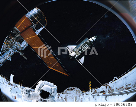 Satellite telescope near Space shuttle with astronaut in space 59656208