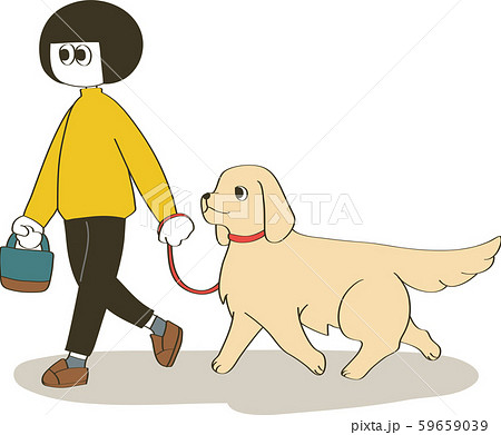 犬の散歩 歩く ゴールデンレトリバー のイラスト素材