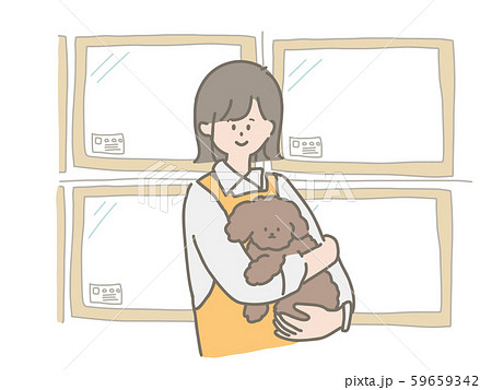子犬を抱っこするペットショップの店員さんのイラスト素材