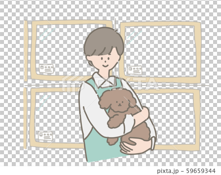 子犬を抱っこするペットショップの店員さんのイラスト素材