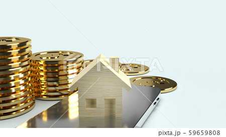 The home wood on smartphone and gold coin 3d rendering for property content. 59659808